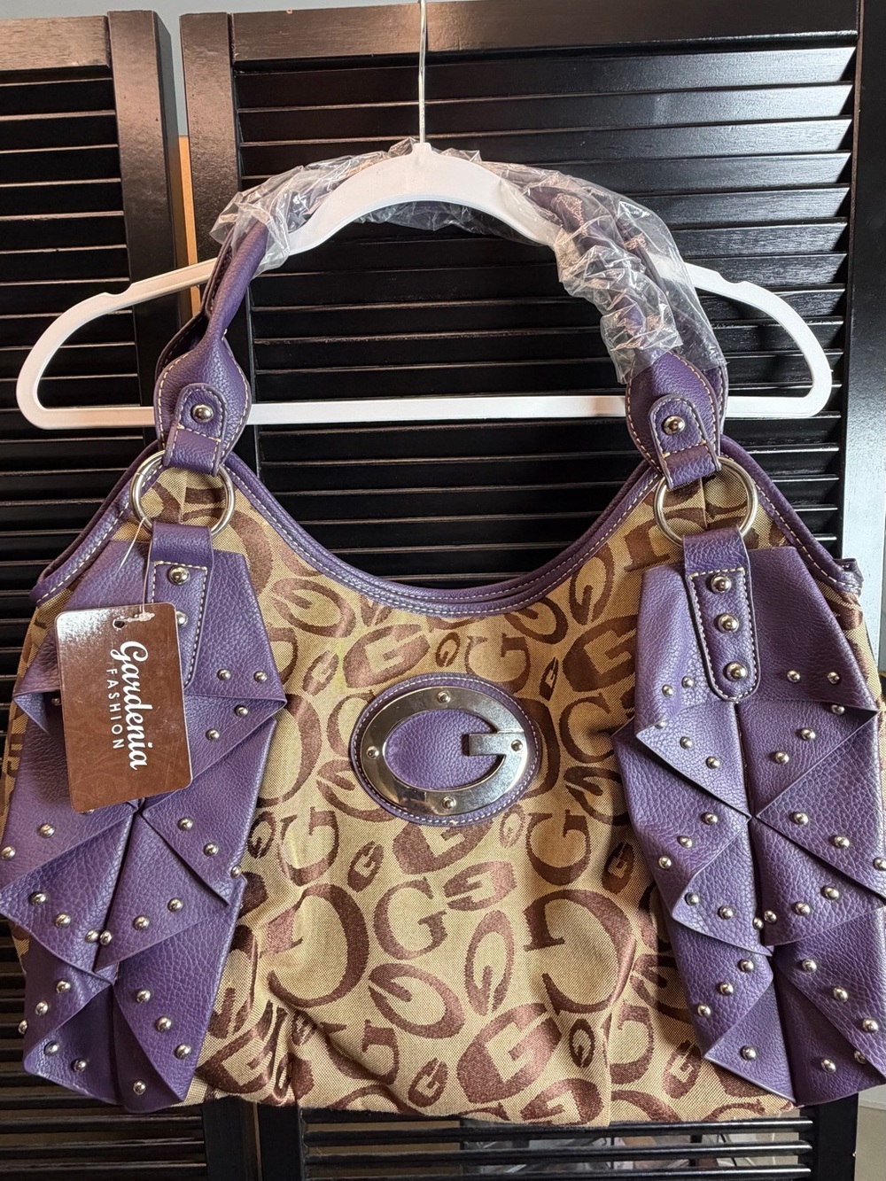 Purple & Brown Patterned Shoulder Tote with Studded Accents